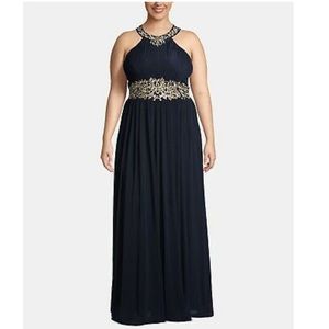 Betsy & Adam Plus Size Embroidered Halter Gown